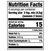 Nutrition facts label for a product that has 15 calories per serving.