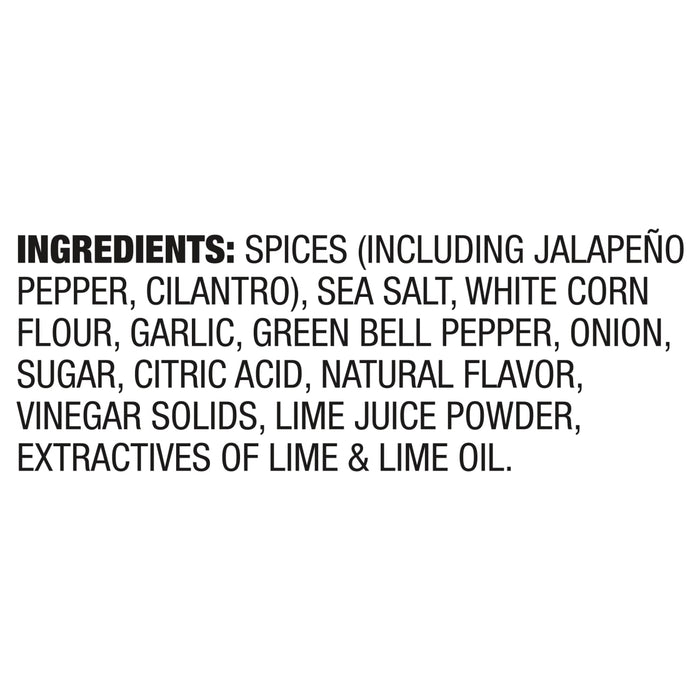 A list of ingredients for a product, including spices, jalapeA?o pepper, cilantro, sea salt, white corn flour, garlic, green bell pepper, onion, sugar, citric acid, natural flavor, vinegar solids, lime juice powder, and extractives of lime and lime oil.