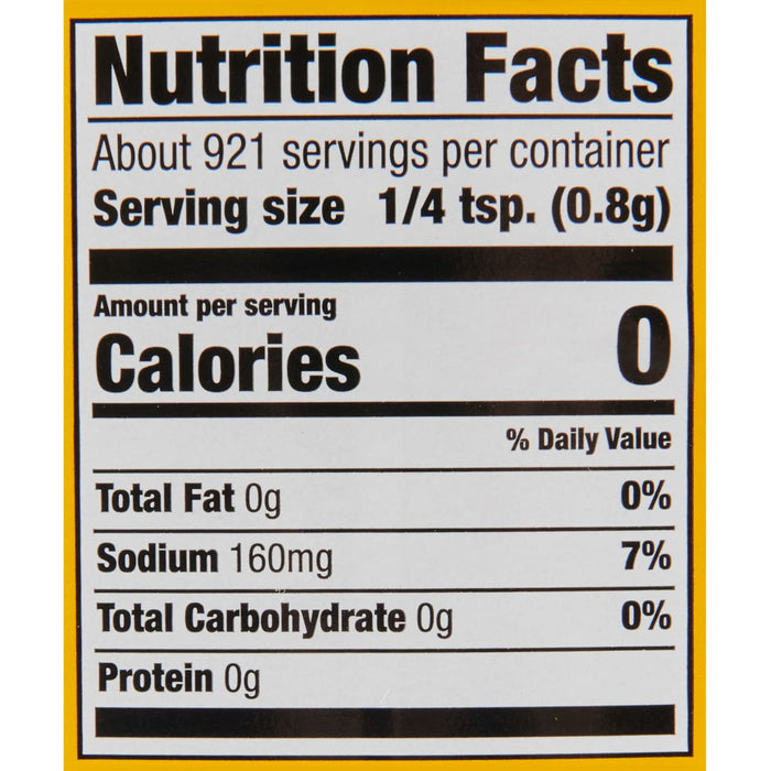 Nutrition facts label for a product with 0 calories per serving.