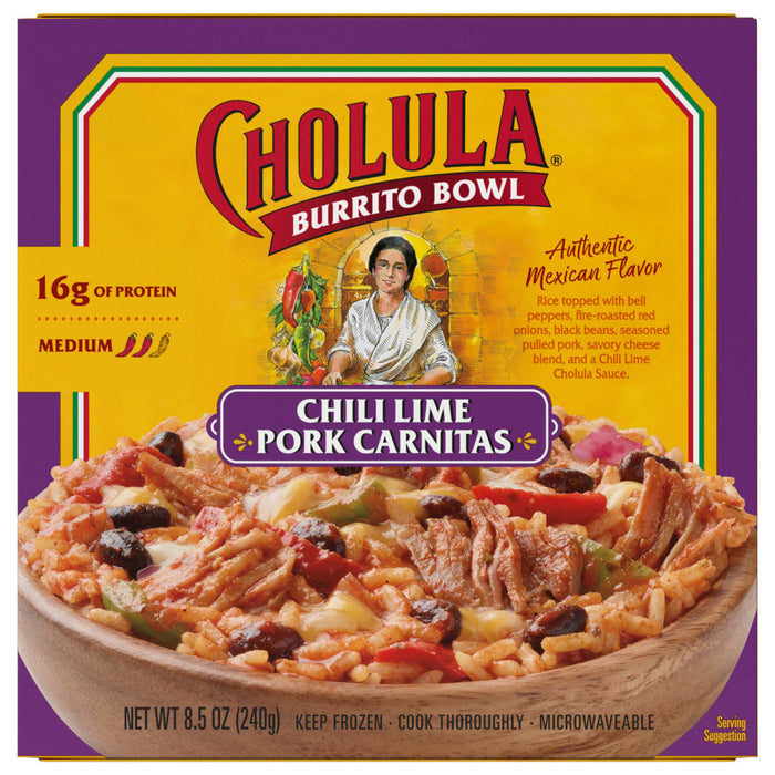 A box of Cholula Chili Lime Pork Carnitas Burrito Bowl with a serving suggestion on the front.