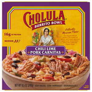 A box of Cholula Chili Lime Pork Carnitas Burrito Bowl with a serving suggestion on the front.
