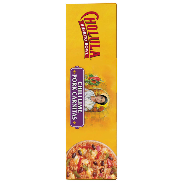 A box of Cholula Burrito Bowl Chili Lime Pork Carnitas.