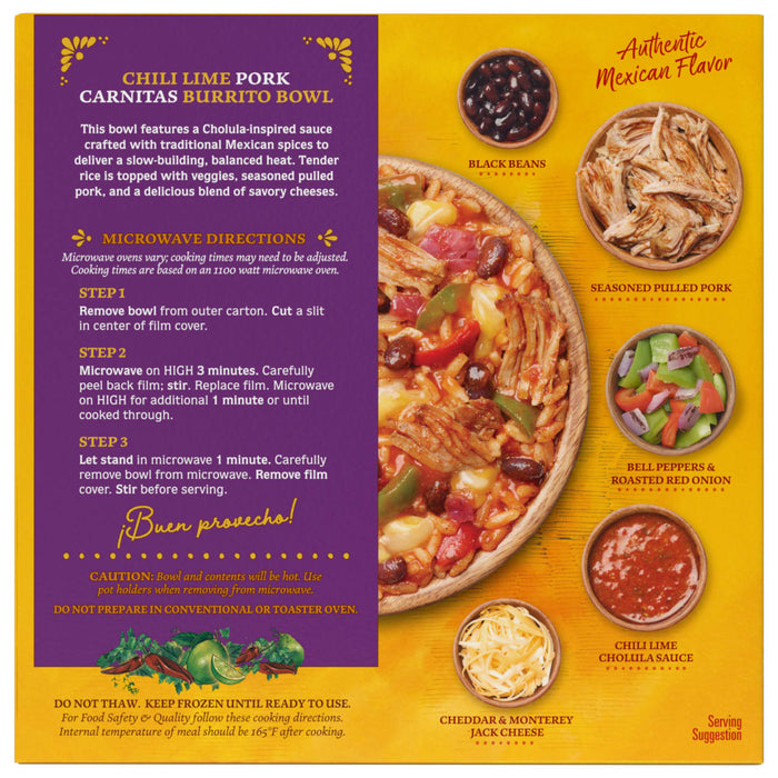 A box of Cholula Chili Lime Pork Carnitas Burrito Bowl with a serving suggestion and instructions for microwave preparation.