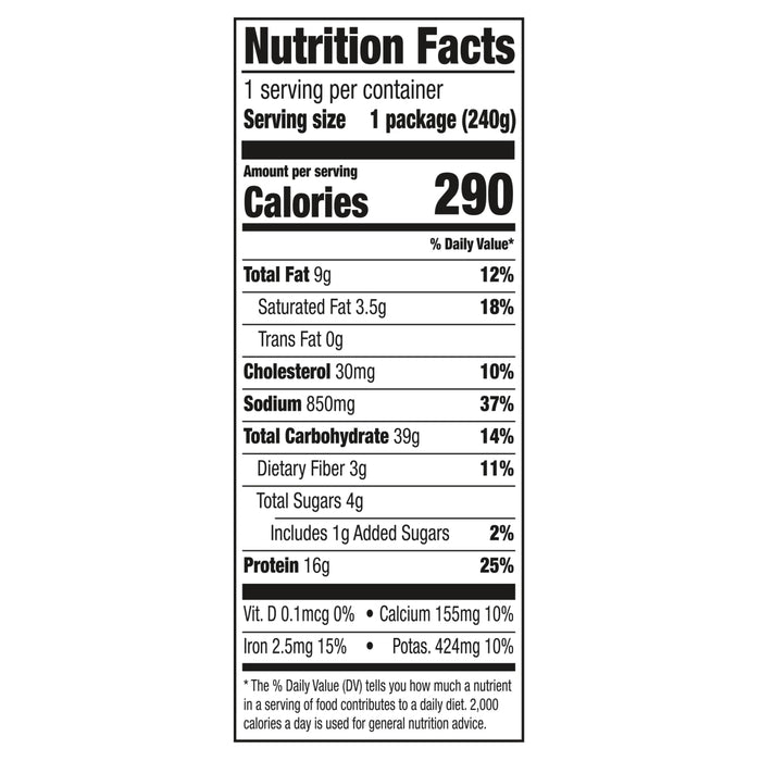 Nutrition facts label for a product containing 290 calories per serving.