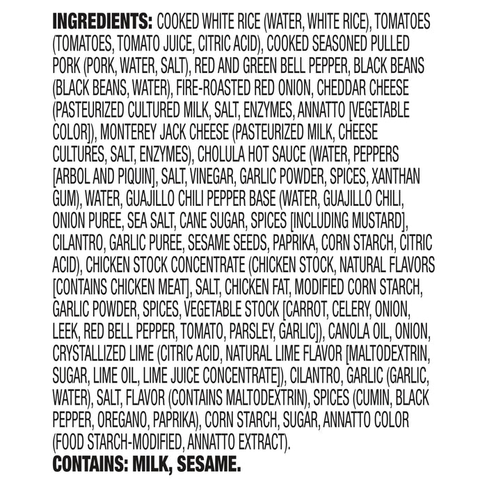 A list of ingredients for a product, including cooked white rice, tomatoes, pork, black beans, cheddar cheese, monterey jack cheese, cholula hot sauce, guajillo chili pepper base, chicken stock concentrate, and canola oil.