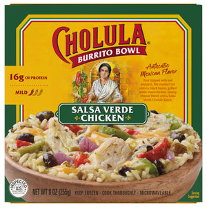 A box of Cholula Burrito Bowl Salsa Verde Chicken.