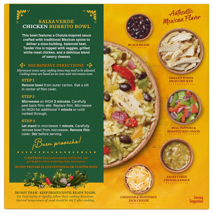 A box of  Cholula Salsa Verde Chicken Burrito Bowl with a serving suggestion and ingredients.