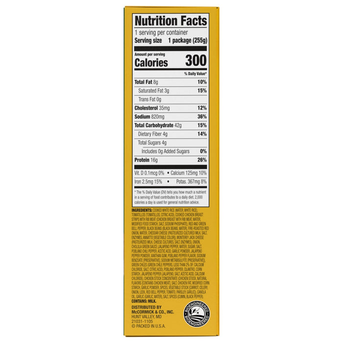 Nutrition facts label for McCormick &amp; Co. Inc. Chicken Enchilada Skillet.