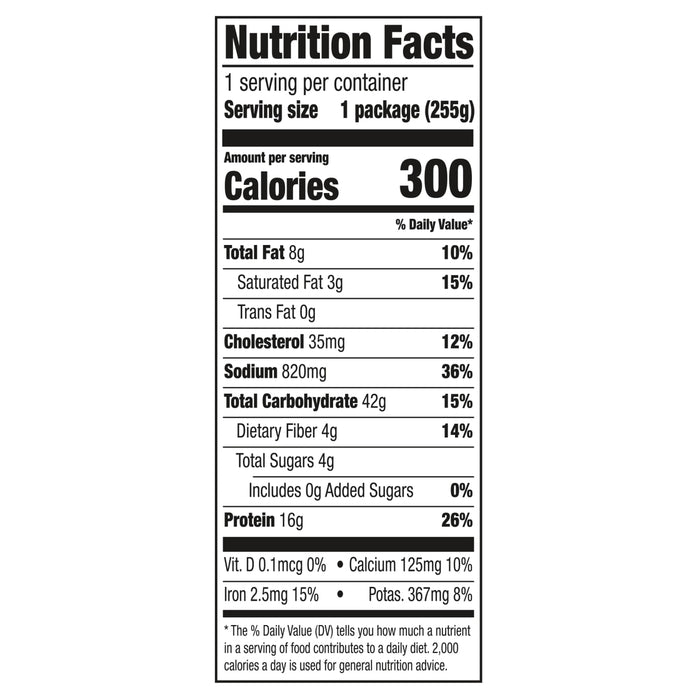 Nutrition facts label for a product containing 300 calories per serving.