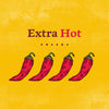 An illustration of four red chili peppers with the text Extra Hot above them.