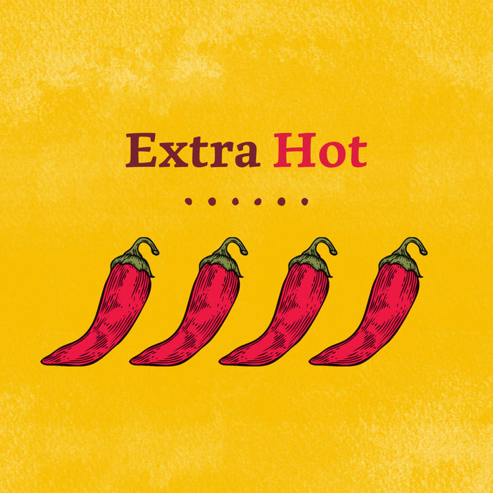 An illustration of four red chili peppers with the text Extra Hot above them.