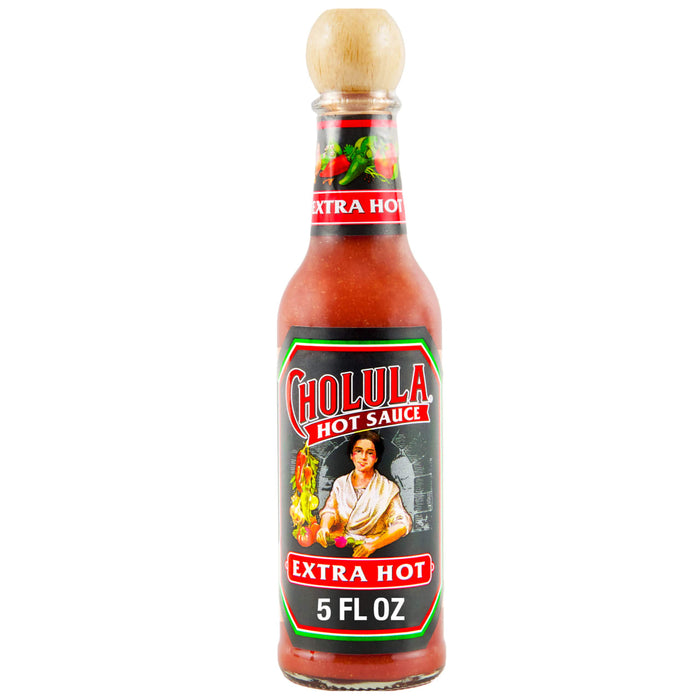 A bottle of Cholula Extra Hot Hot Sauce.