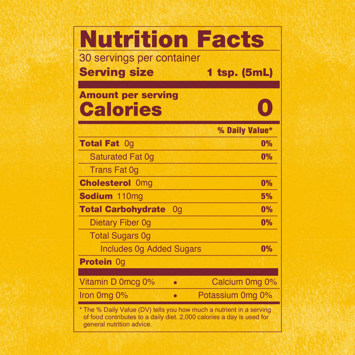 Nutrition facts label for a product with 0 calories per serving.