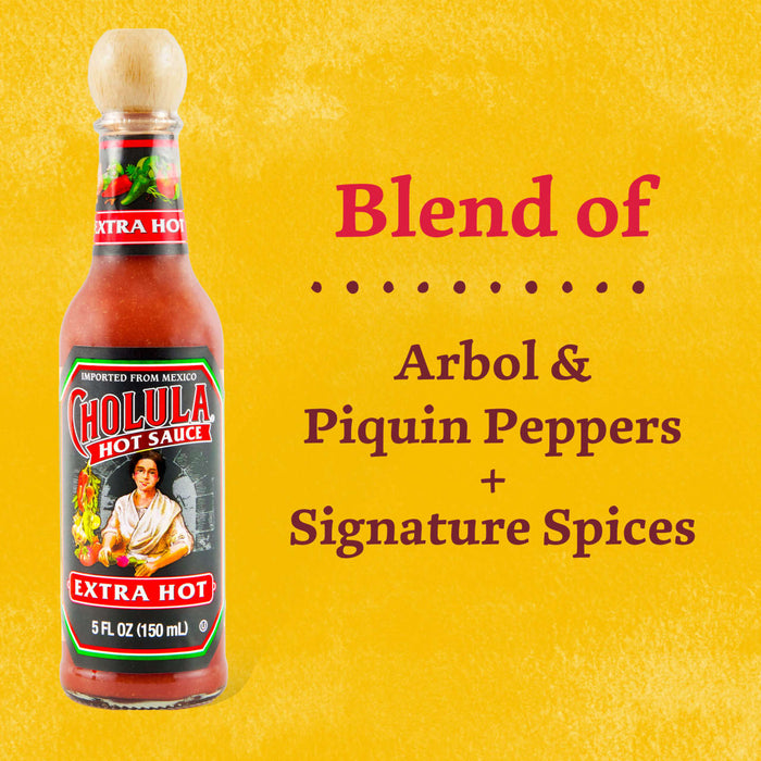 A bottle of Cholula Original Hot Sauce with a yellow background.