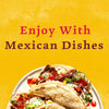 Tacos with meat, avocado, radish, and cheese on a white plate with the text 'Enjoy With Mexican Dishes' on a yellow background.