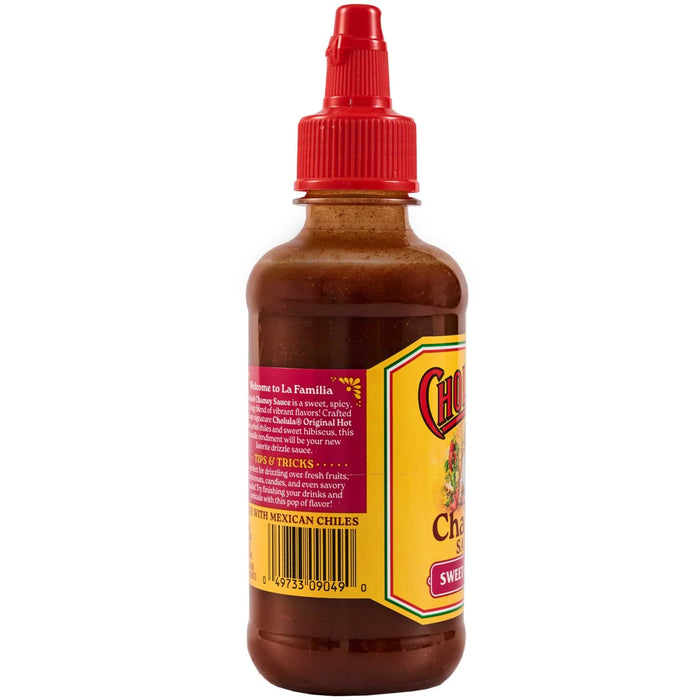 A bottle of Cholula Sweet Chamoy Sauce with a red cap and a yellow label.