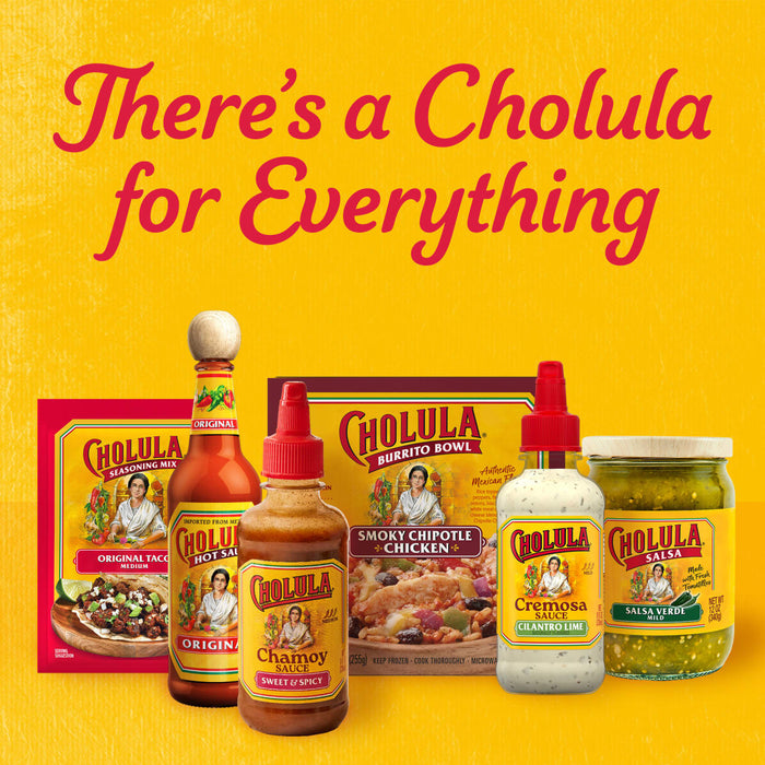 A variety of Cholula products are displayed, including seasoning mix, hot sauce, burrito bowl, cremosa sauce, and salsa verde, under the text Theres a Cholula for Everything.