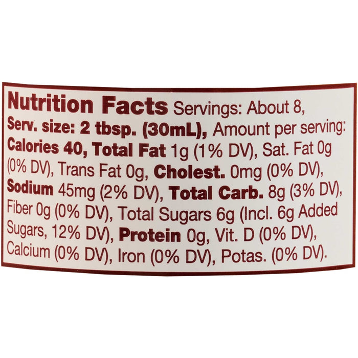 A nutrition facts label shows that a serving size of 2 tablespoons contains 40 calories, 1 gram of total fat, 8 grams of total carbohydrates, and 6 grams of total sugars.