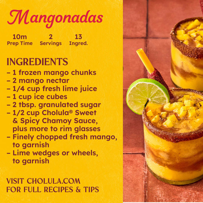 A refreshing Cholula Mangonadas recipe with mango chunks, nectar, lime juice, and a spicy chamoy sauce rim.