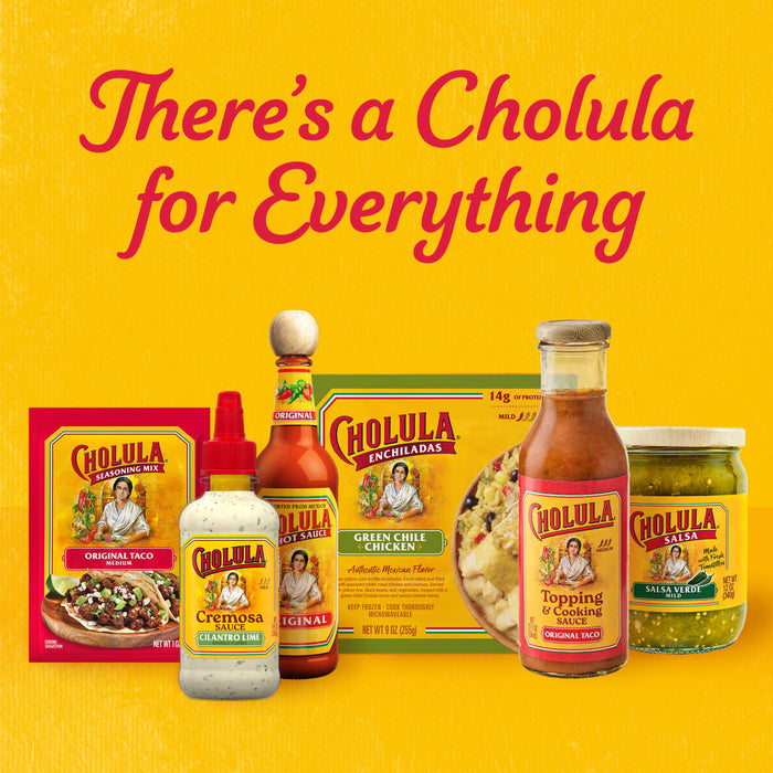 A variety of Cholula brand products are displayed with the text Theres a Cholula for Everything.