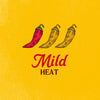 This illustration uses three chili peppers, one red and two yellow, to represent the Mild Heat level of spiciness.