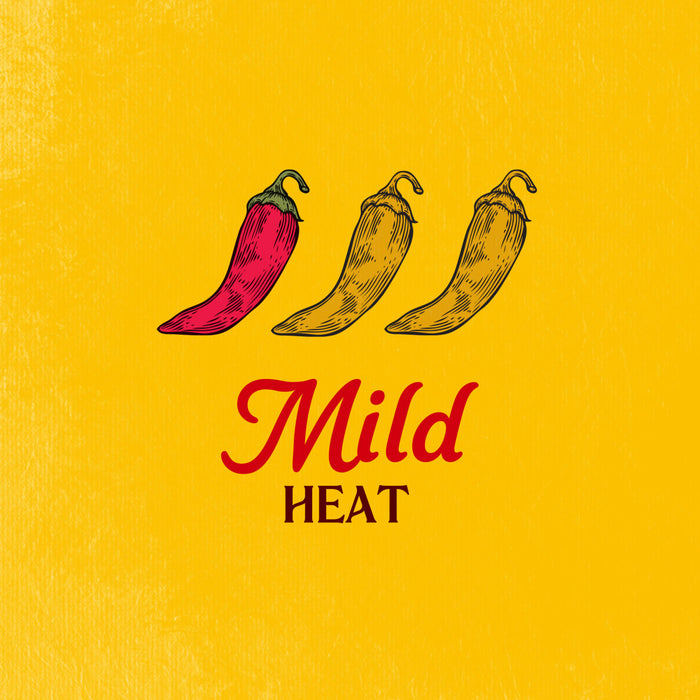 This illustration uses three chili peppers, one red and two yellow, to represent the Mild Heat level of spiciness.