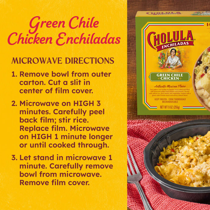 Cholula Green Chile Chicken Enchiladas microwave directions are shown in the image.
