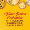 A promotional image for 2 Hand-Rolled Enchiladas with rice, beans, green chile, and Cholula sauce.