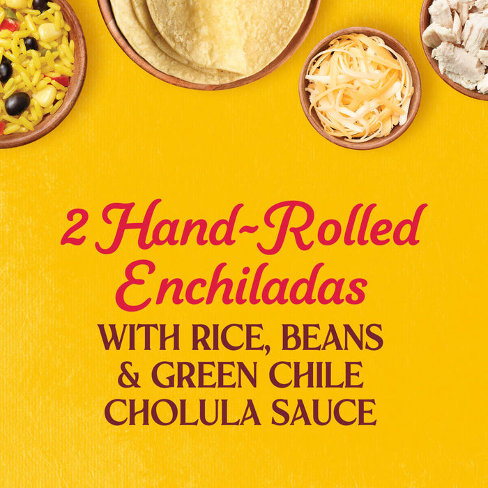 A promotional image for 2 Hand-Rolled Enchiladas with rice, beans, green chile, and Cholula sauce.