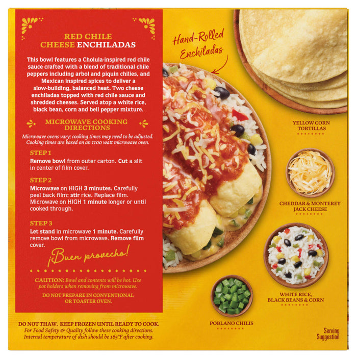 A Red Chile Cheese Enchiladas bowl featuring hand-rolled enchiladas yellow corn tortillas cheddar and Monterey Jack cheese white rice with black beans and corn and poblano chilis.