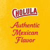 The Cholula logo and the words Authentic Mexican Flavor are displayed on a yellow background, representing the brands commitment to traditional Mexican taste.