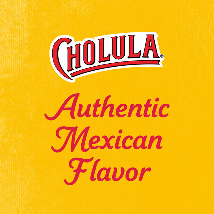 The Cholula logo and the words Authentic Mexican Flavor are displayed on a yellow background, representing the brands commitment to traditional Mexican taste.