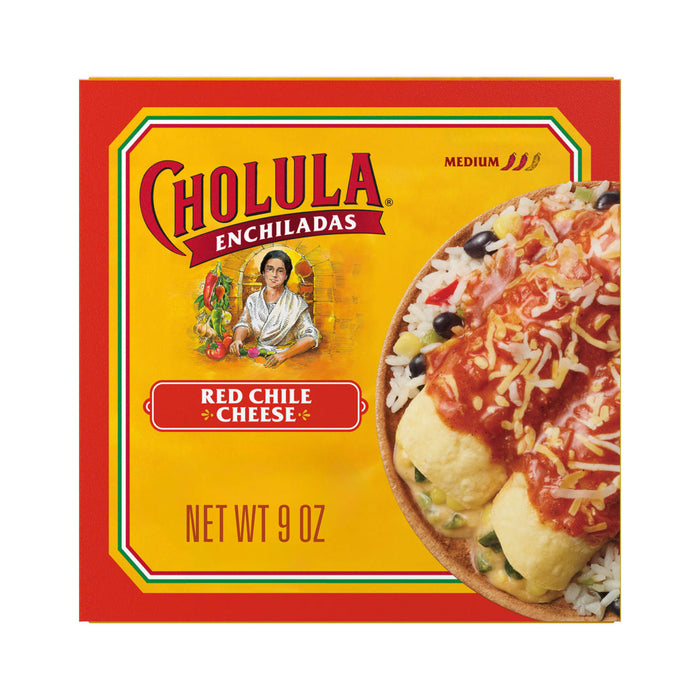 Cholula Enchiladas Red Chile &amp; Cheese frozen meal packaging.