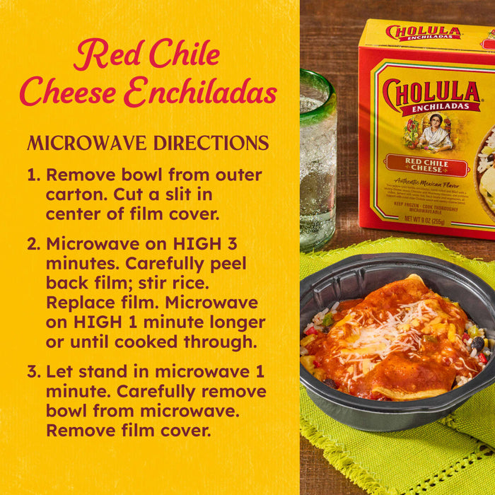 A package of Opadia Red Chile Cheese Enchiladas with microwave directions is shown.