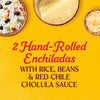 A close-up shot of text promoting 2 Hand-Rolled Enchiladas with rice beans and red chile Cholula sauce accompanied by images of the ingredients.