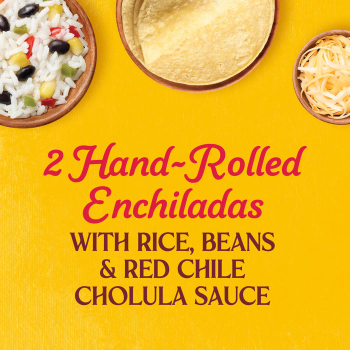 A close-up shot of text promoting 2 Hand-Rolled Enchiladas with rice beans and red chile Cholula sauce accompanied by images of the ingredients.