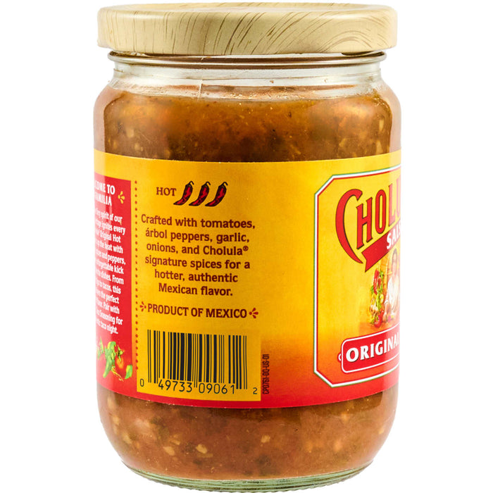 A jar of Cholula Original Hot Sauce, labeled as Not for Retail Sale, showcases its crafted ingredients and Mexican origin.