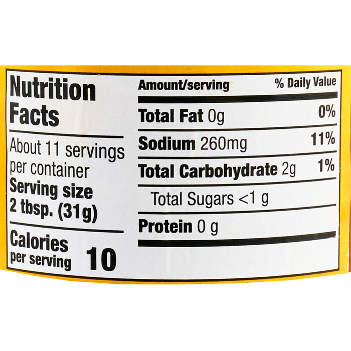 The nutrition facts label shows that one serving contains 10 calories, 0g of total fat, 260mg of sodium, 2g of total carbohydrates, less than 1g of total sugars, and 0g of protein.