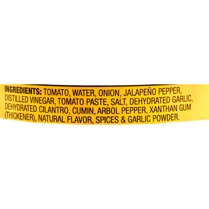 The image shows the ingredient list for a food product, including tomato, water, onion, jalapeA?o pepper, distilled vinegar, tomato paste, salt, dehydrated garlic, dehydrated cilantro, cumin, arbol pepper, xanthan gum, natural flavor, spices, and garlic powder.