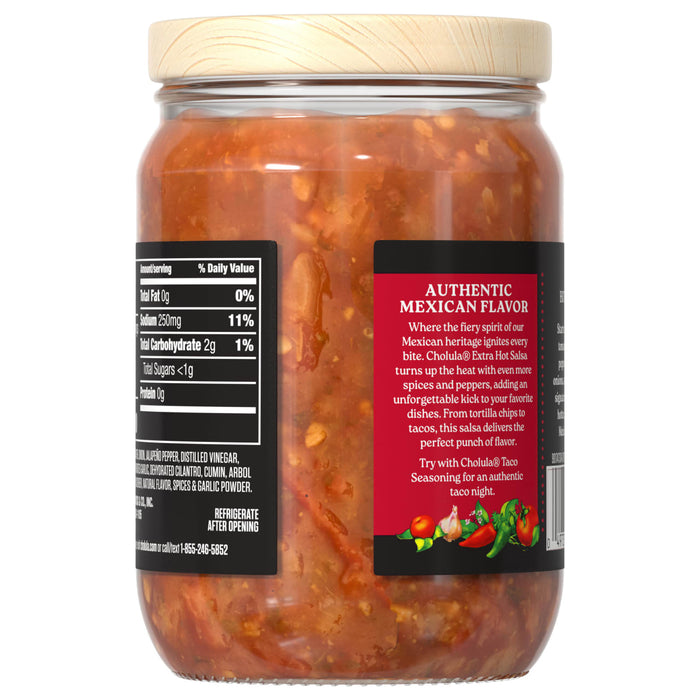 The back of a glass jar of Cholula Original Hot Red Salsa 12 Oz displays the nutrition facts, ingredients, and a description of its authentic flavor.