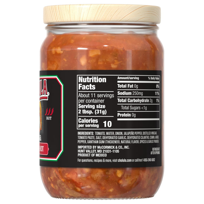 The back of a glass jar of Cholula Original Hot Red Salsa 12 Oz, displaying the nutrition facts, ingredients, and McCormick import information.