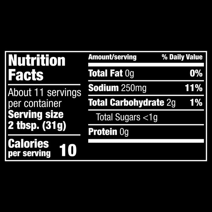 The nutrition facts label for Cholula Original Hot Red Salsa 12 Oz, indicating that one serving contains 10 calories, 0g of total fat, and 250mg of sodium.