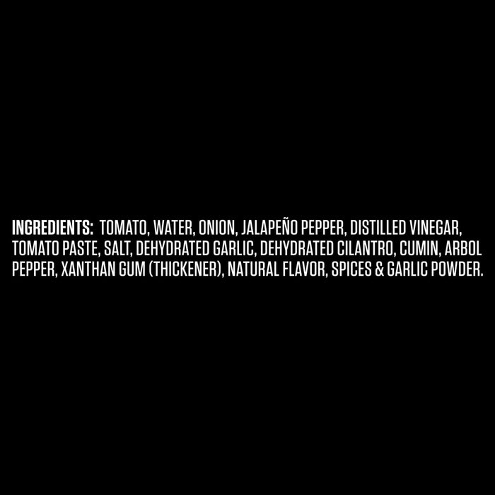 The ingredients list for Cholula Original Hot Red Salsa 12 Oz, including tomato, water, onion, and jalapeño pepper, is displayed in white text on a black background.