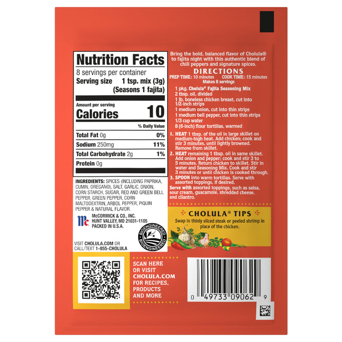 A Cholula Fajita Seasoning Mix packet with nutrition facts and directions for use.