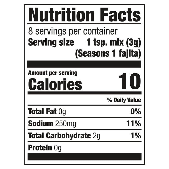 Nutrition facts label for Seasons 1 fajita seasoning mix.