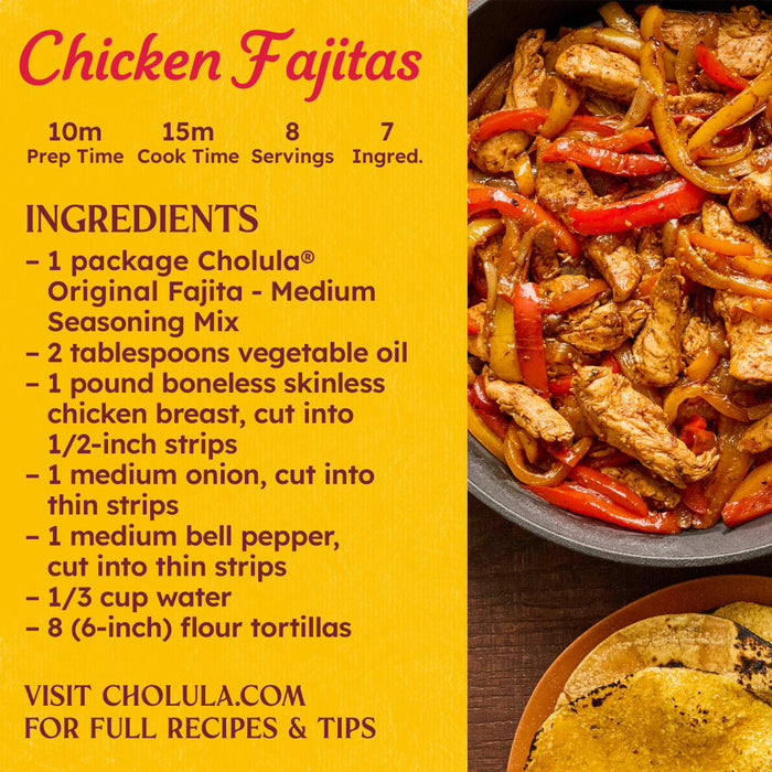 This image shows a recipe for Cholula Chicken Fajitas, including a list of ingredients and a photo of the finished dish.