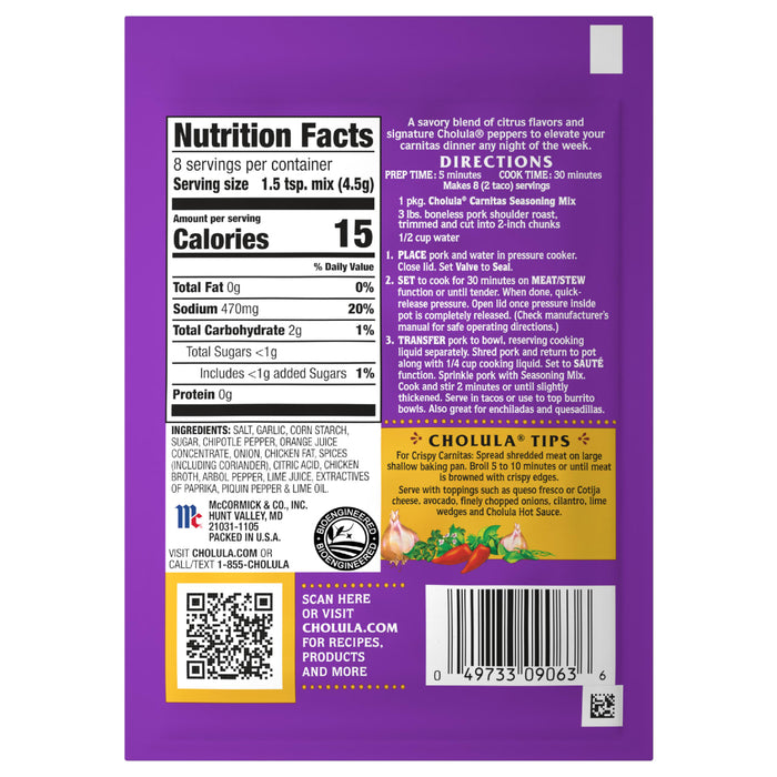 Cholula Carnitas Seasoning Mix package with nutrition information and cooking instructions.