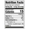 Nutrition facts label for a product with 15 calories per serving.