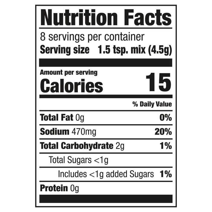 Nutrition facts label for a product with 15 calories per serving.