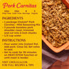 A recipe for Pork Carnitas using Cholula Pork Carnitas Mild Seasoning Mix, including ingredients and instructions.
